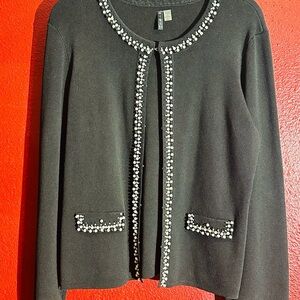 M.T.W.T 9-5 Black Cardigan With Faux Pearl And Gem Accents, Size XL